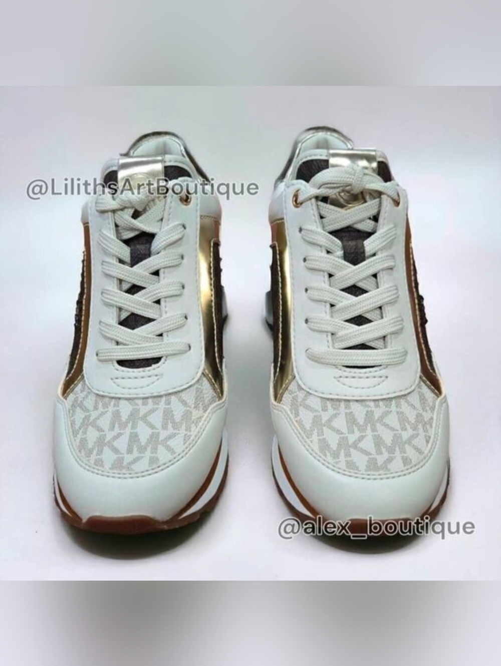 Michael Kors Maddy Vanilla/ Brown Two-Tone Logo Trainer Women's Sneakers 5.5 - Picture 4 of 13